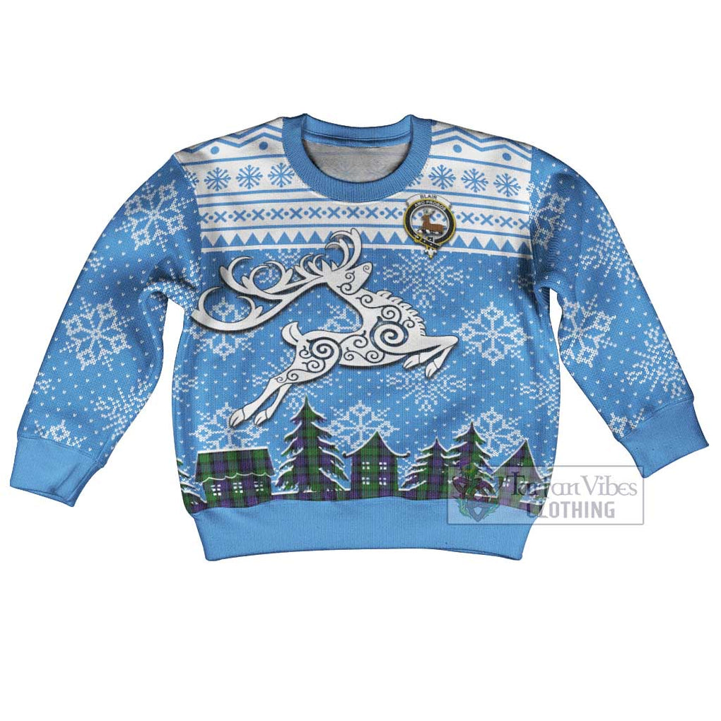 Tartan Vibes Clothing Blair Clan Christmas Kid Ugly Sweater with Tartan and Celtic Raindeer Style