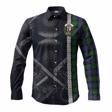 Blair Tartan Long Sleeve Button Shirt with Family Crest Cross Sword Thistle Celtic Vibes