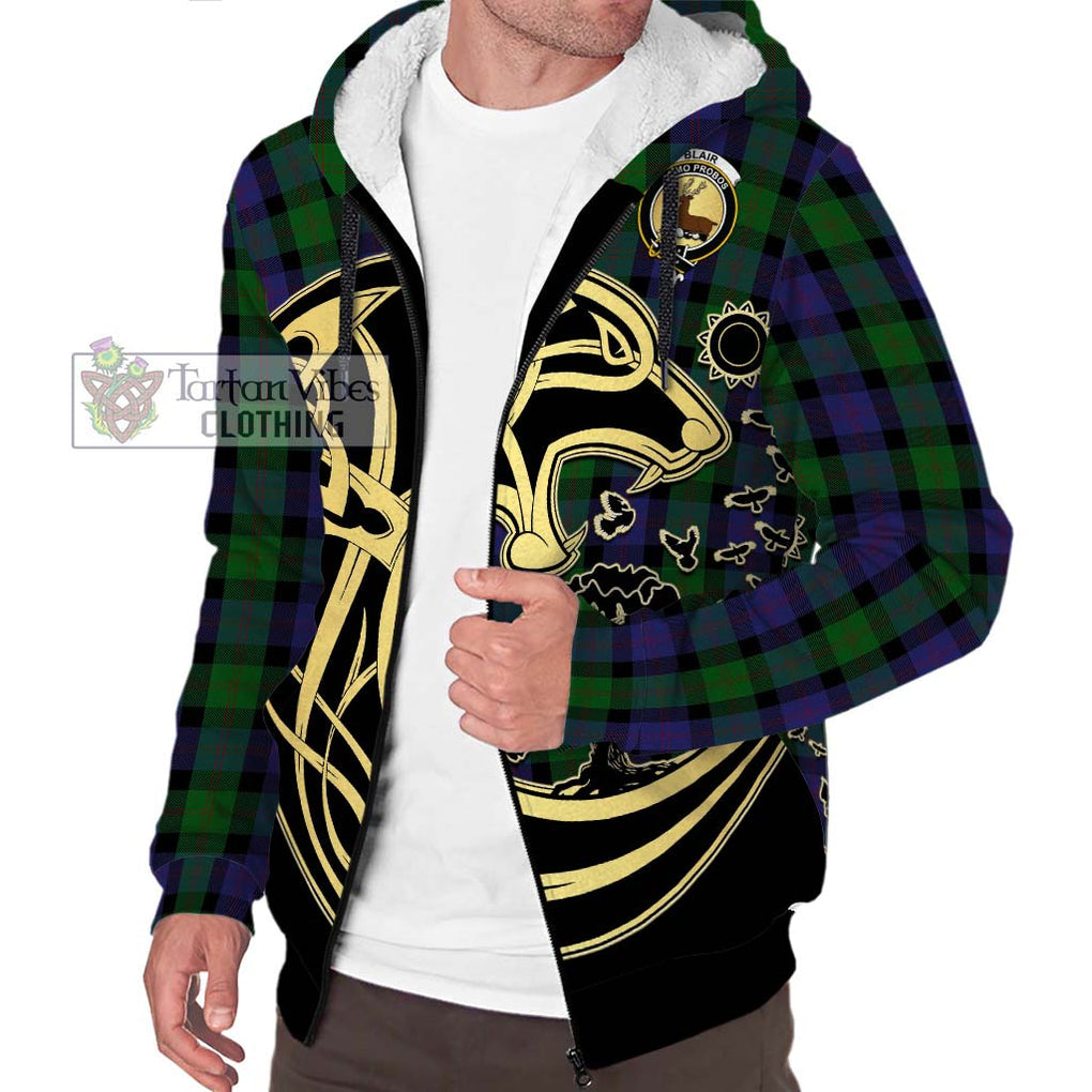 Blair Tartan Sherpa Hoodie with Family Crest Celtic Wolf Style Unisex S - Tartan Vibes Clothing