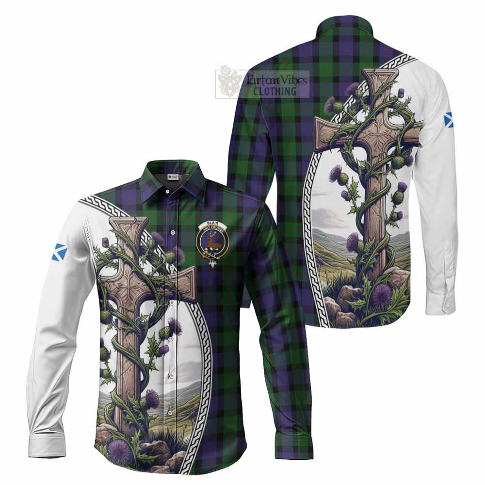 Tartan Vibes Clothing Blair Tartan Long Sleeve Button Shirt with Family Crest and St. Andrew's Cross Accented by Thistle Vines