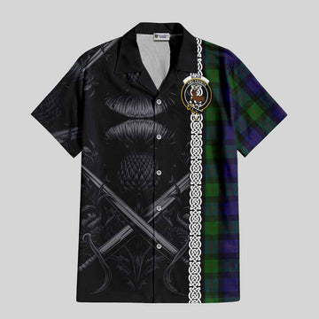 Blair Tartan Short Sleeve Button Shirt with Family Crest Cross Sword Thistle Celtic Vibes