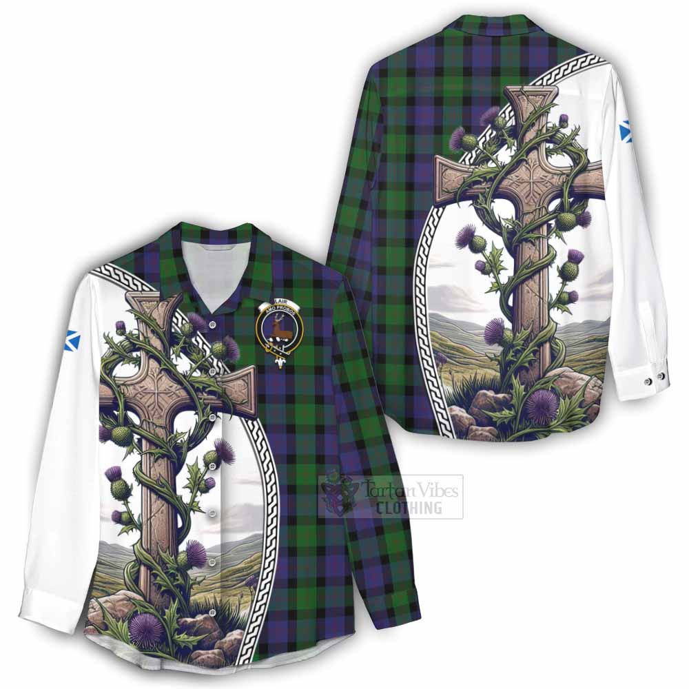 Tartan Vibes Clothing Blair Tartan Women's Casual Shirt with Family Crest and St. Andrew's Cross Accented by Thistle Vines