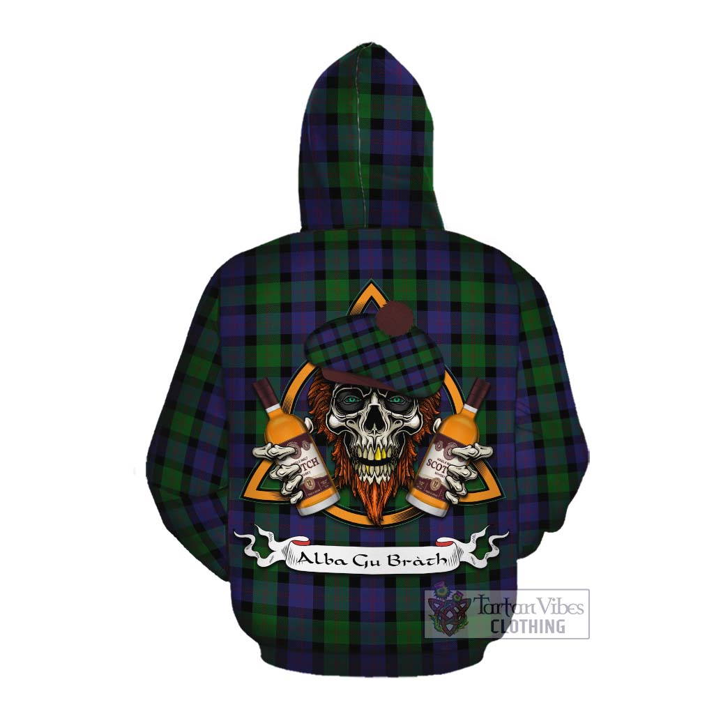 Tartan Vibes Clothing Blair Tartan Cotton Hoodie with Family Crest and Bearded Skull Holding Bottles of Whiskey