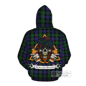 Blair Tartan Cotton Hoodie with Family Crest and Bearded Skull Holding Bottles of Whiskey