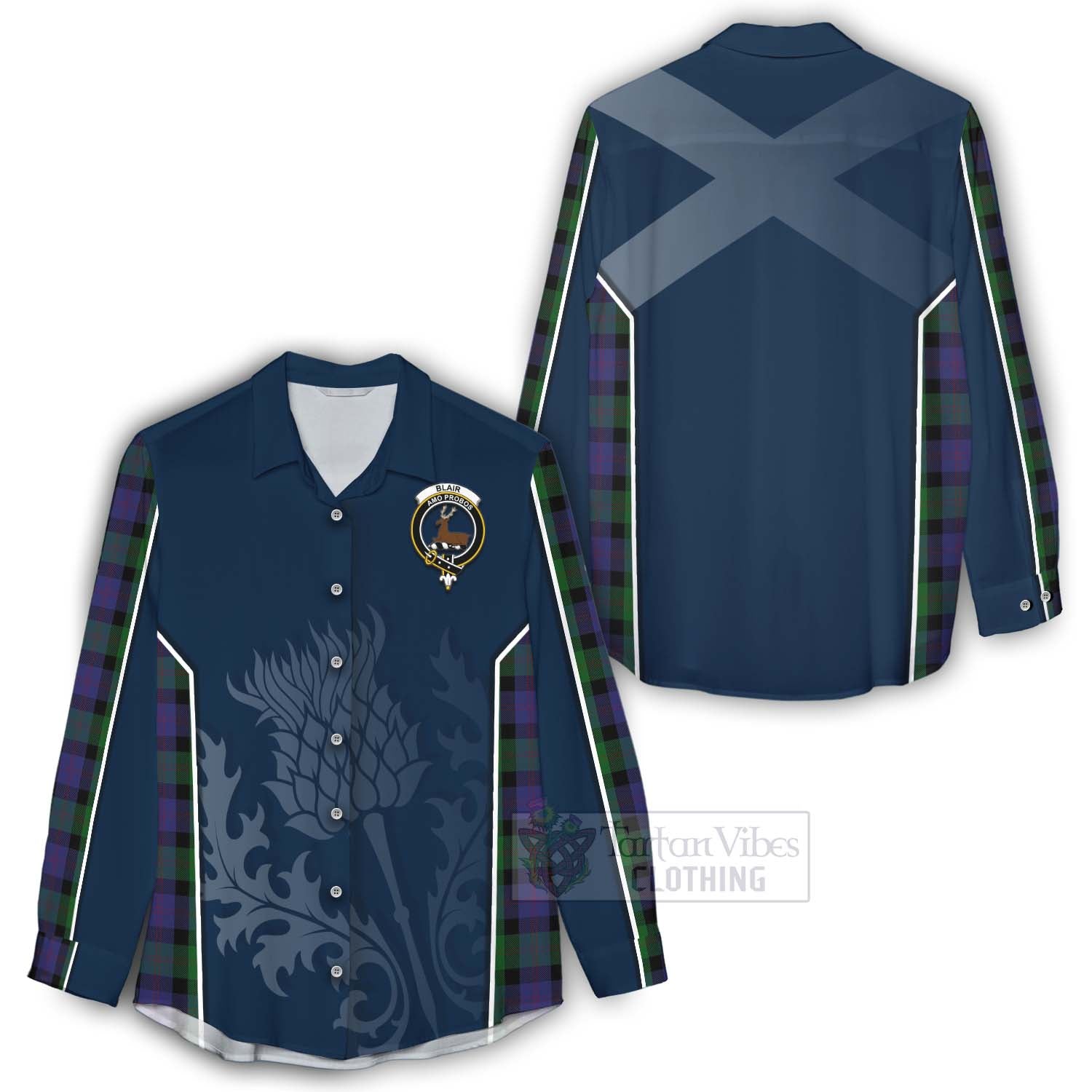 Tartan Vibes Clothing Blair Tartan Women's Casual Shirt with Family Crest and Scottish Thistle Vibes Sport Style