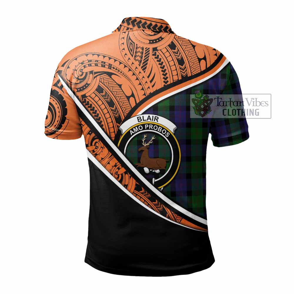 Tartan Vibes Clothing Blair Crest Tartan Polo Shirt with Maori Tattoo Style - Orange Version