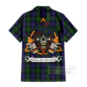 Blair Tartan Short Sleeve Button Shirt with Family Crest and Bearded Skull Holding Bottles of Whiskey