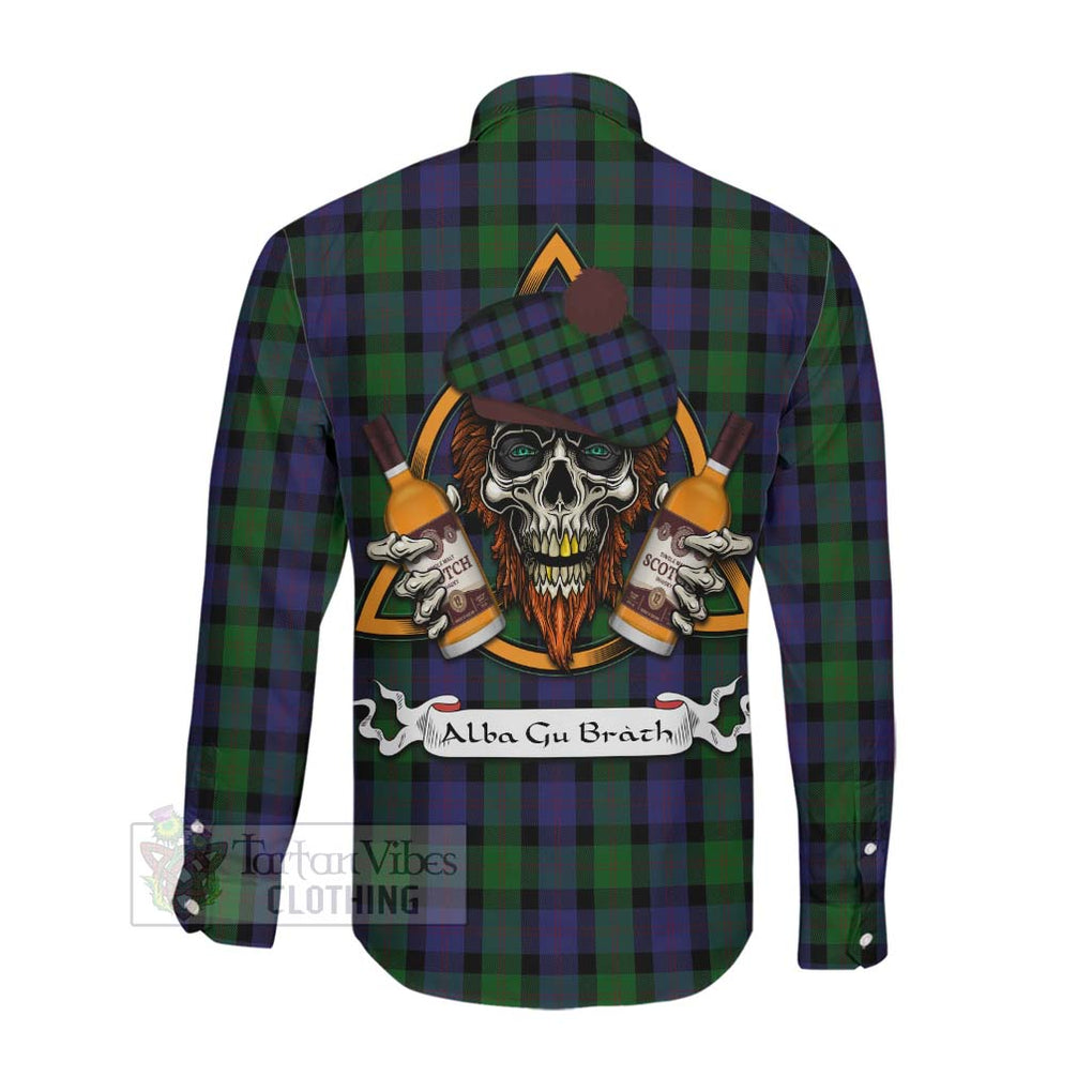 Tartan Vibes Clothing Blair Tartan Long Sleeve Button Shirt with Family Crest and Bearded Skull Holding Bottles of Whiskey