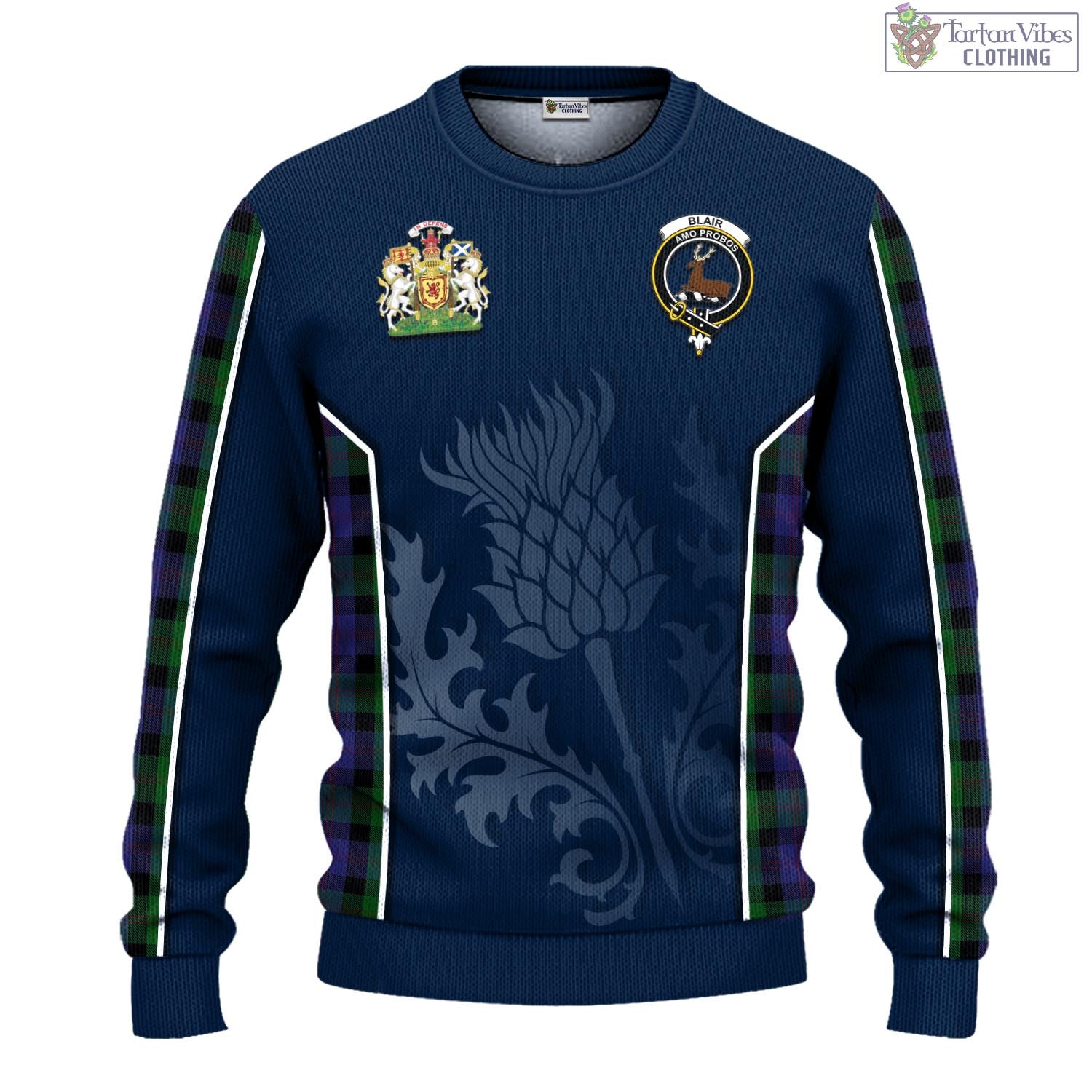 Tartan Vibes Clothing Blair Tartan Knitted Sweatshirt with Family Crest and Scottish Thistle Vibes Sport Style