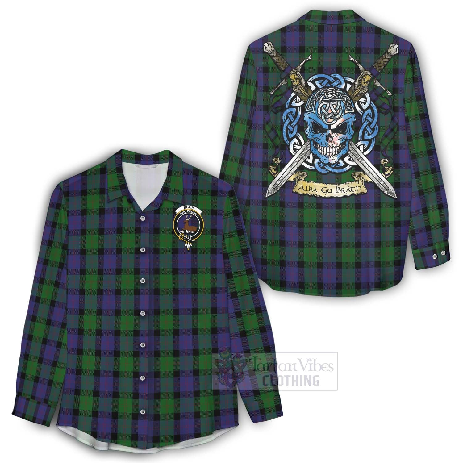 Tartan Vibes Clothing Blair Tartan Women's Casual Shirt with Family Crest Celtic Skull Style