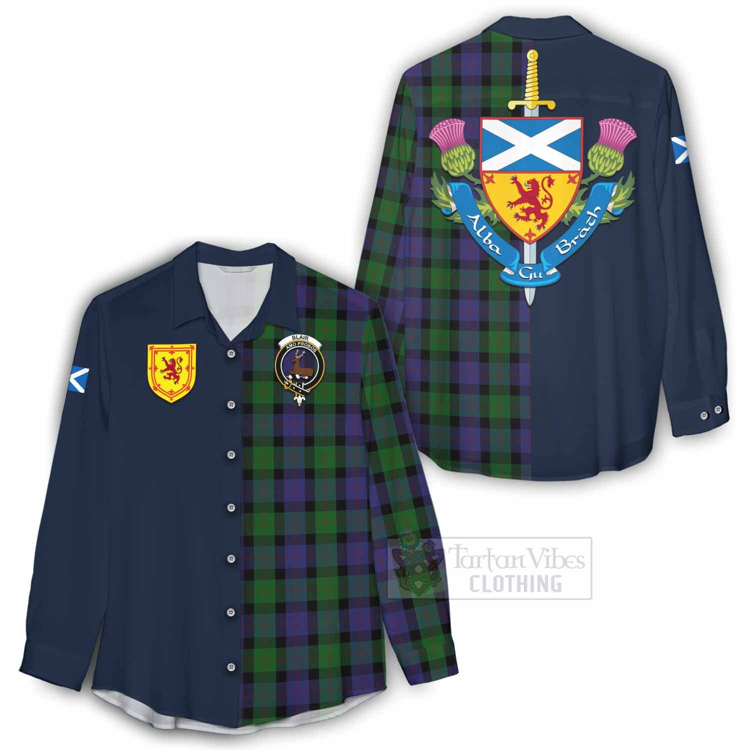 Tartan Vibes Clothing Blair Tartan Women's Casual Shirt Alba with Scottish Lion Royal Arm Half Style