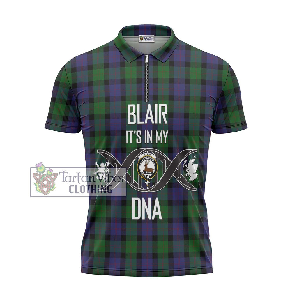 Blair Tartan Zipper Polo Shirt with Family Crest DNA In Me Style - Tartanvibesclothing Shop