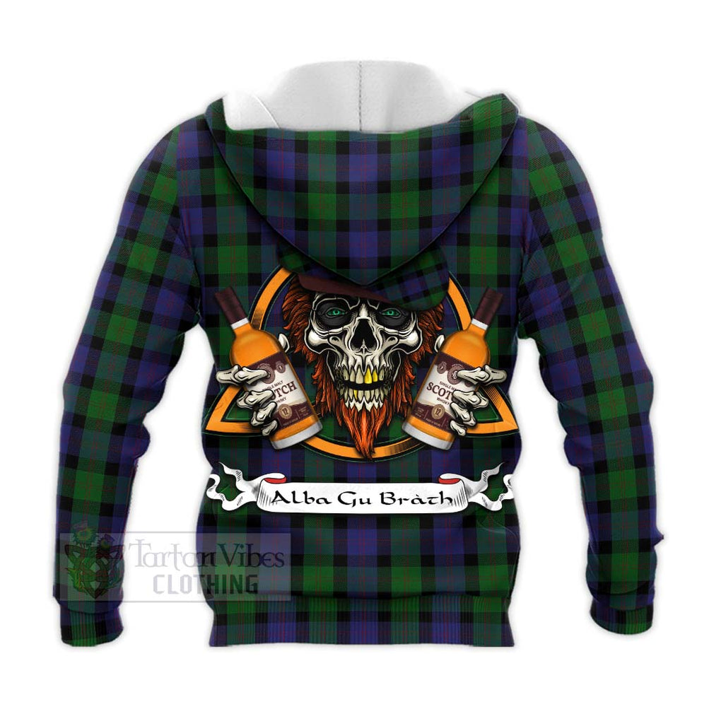 Tartan Vibes Clothing Blair Tartan Knitted Hoodie with Family Crest and Bearded Skull Holding Bottles of Whiskey