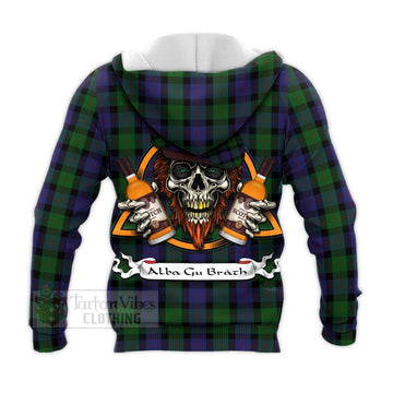 Blair Tartan Knitted Hoodie with Family Crest and Bearded Skull Holding Bottles of Whiskey