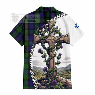 Blair Tartan Short Sleeve Button Shirt with Family Crest and St. Andrew's Cross Accented by Thistle Vines