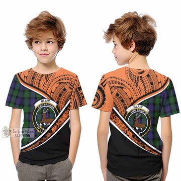 Blair Crest Tartan Kid T-Shirt with Polynesian Vibes Style - Orange Version