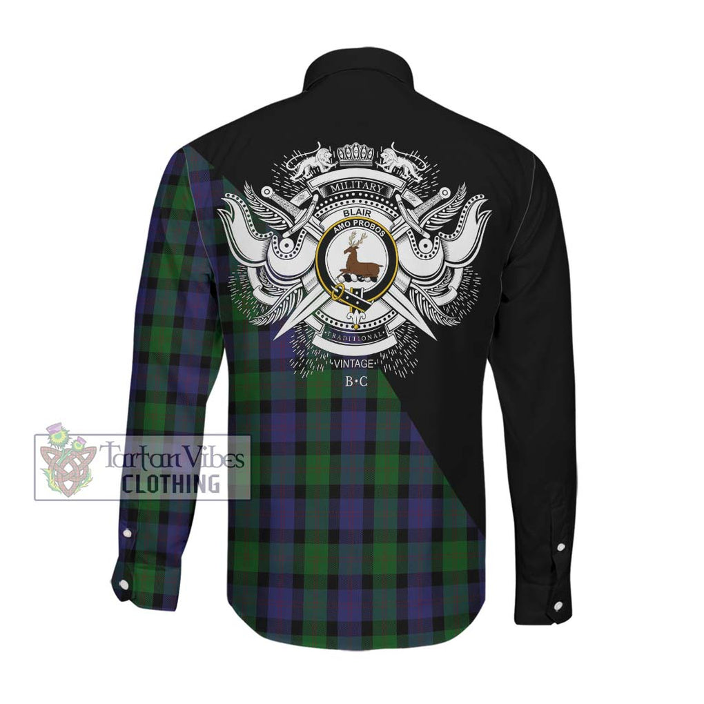 Blair Tartan Long Sleeve Button Shirt with Family Crest and Military Logo Style Men's Shirt - Tartanvibesclothing Shop