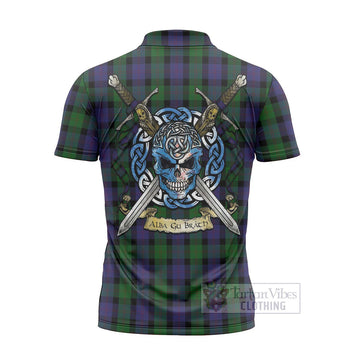 Blair Tartan Zipper Polo Shirt with Family Crest Celtic Skull Style