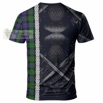 Blair Tartan T-Shirt with Family Crest Cross Sword Thistle Celtic Vibes