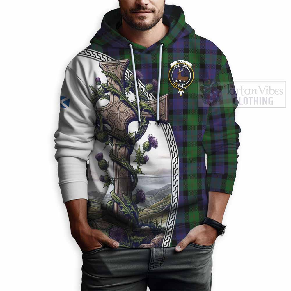 Tartan Vibes Clothing Blair Tartan Hoodie with Family Crest and St. Andrew's Cross Accented by Thistle Vines