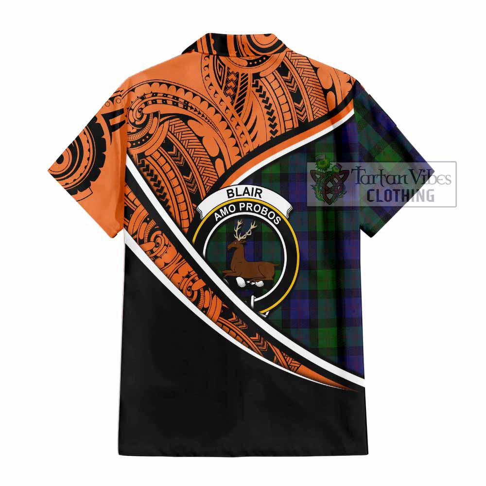 Tartan Vibes Clothing Blair Crest Tartan Short Sleeve Button Shirt with Maori Tattoo Style - Orange Version