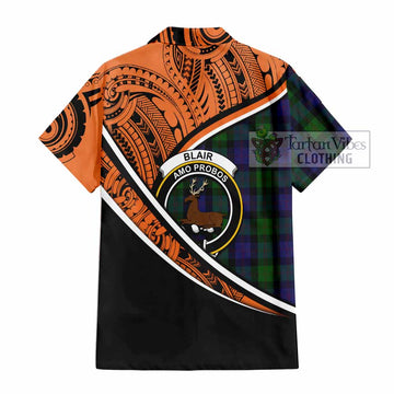 Blair Crest Tartan Short Sleeve Button Shirt with Polynesian Vibes Style - Orange Version