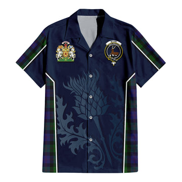 Blair Tartan Short Sleeve Button Up Shirt with Family Crest and Scottish Thistle Vibes Sport Style