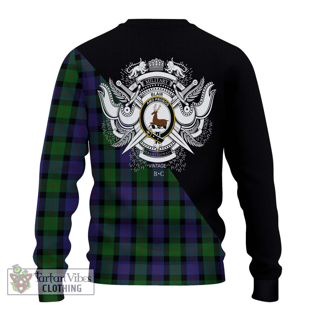 Blair Tartan Knitted Sweater with Family Crest and Military Logo Style - Tartanvibesclothing Shop