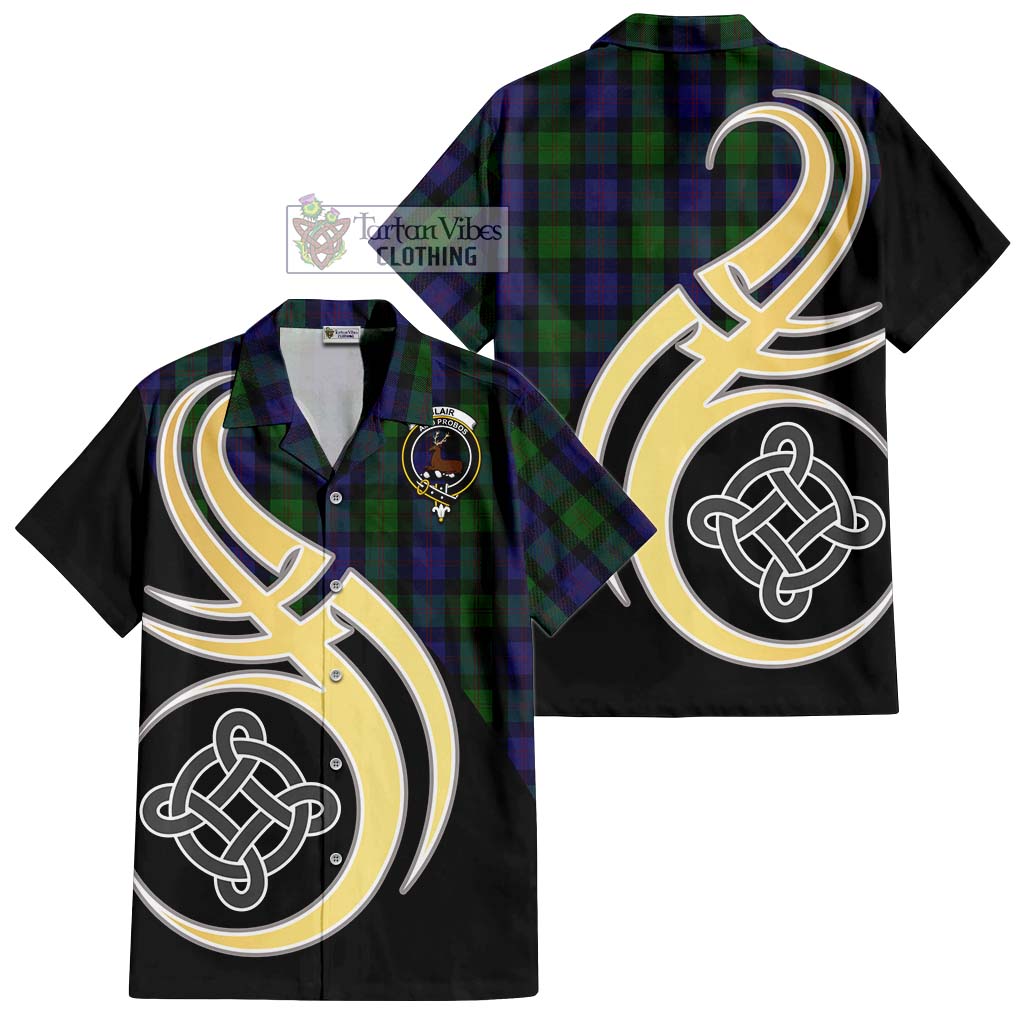 Blair Tartan Short Sleeve Button Shirt with Family Crest and Celtic Symbol Style - Tartan Vibes Clothing