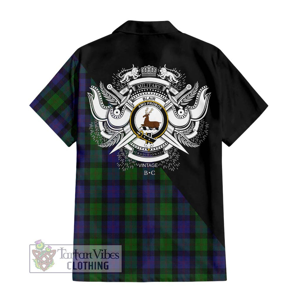 Blair Tartan Short Sleeve Button Shirt with Family Crest and Military Logo Style - Tartanvibesclothing Shop