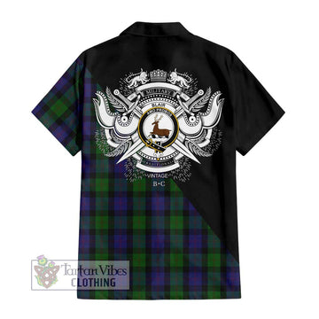 Blair Tartan Short Sleeve Button Shirt with Family Crest and Military Logo Style