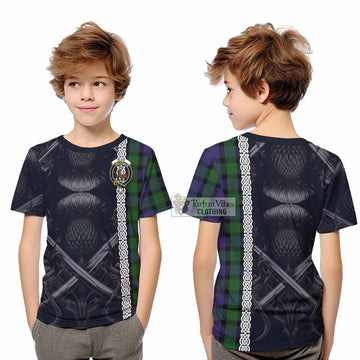 Blair Tartan Kid T-Shirt with Family Crest Cross Sword Thistle Celtic Vibes