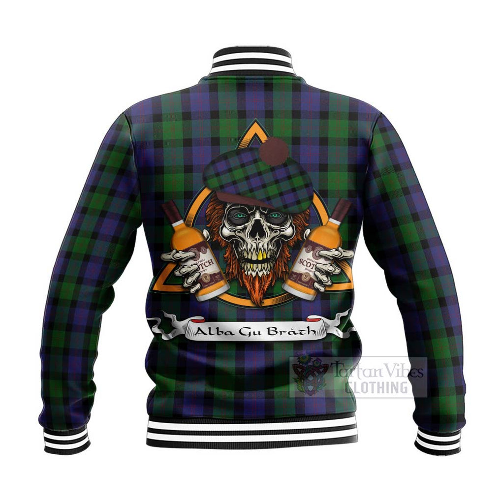 Tartan Vibes Clothing Blair Tartan Baseball Jacket with Family Crest and Bearded Skull Holding Bottles of Whiskey