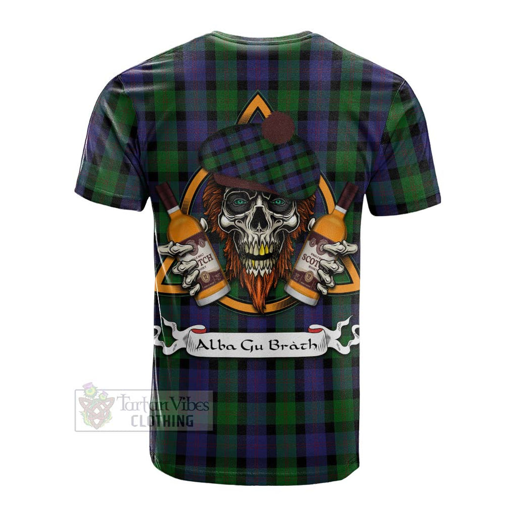 Tartan Vibes Clothing Blair Tartan Cotton T-shirt with Family Crest and Bearded Skull Holding Bottles of Whiskey