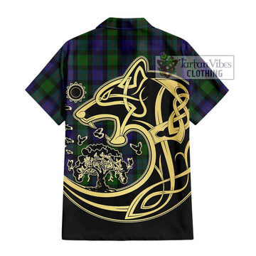 Blair Tartan Short Sleeve Button Shirt with Family Crest Celtic Wolf Style