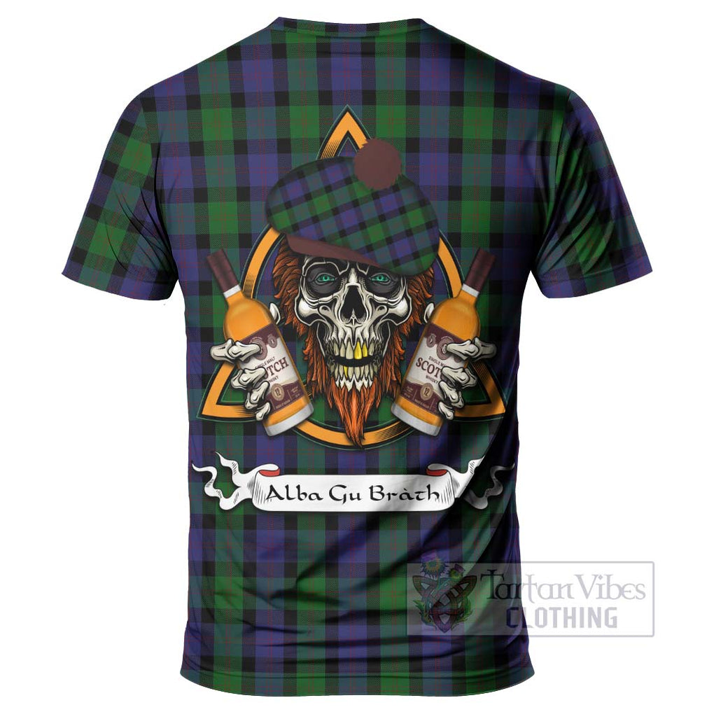 Tartan Vibes Clothing Blair Tartan T-Shirt with Family Crest and Bearded Skull Holding Bottles of Whiskey