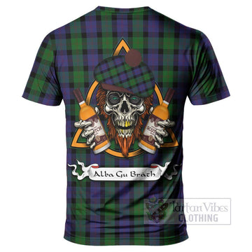 Blair Tartan T-Shirt with Family Crest and Bearded Skull Holding Bottles of Whiskey