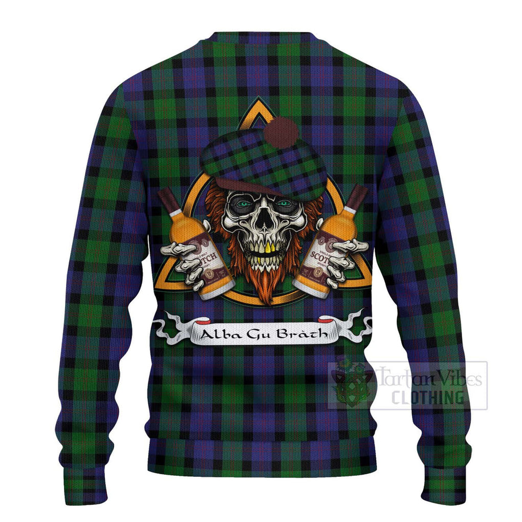 Tartan Vibes Clothing Blair Tartan Knitted Sweater with Family Crest and Bearded Skull Holding Bottles of Whiskey