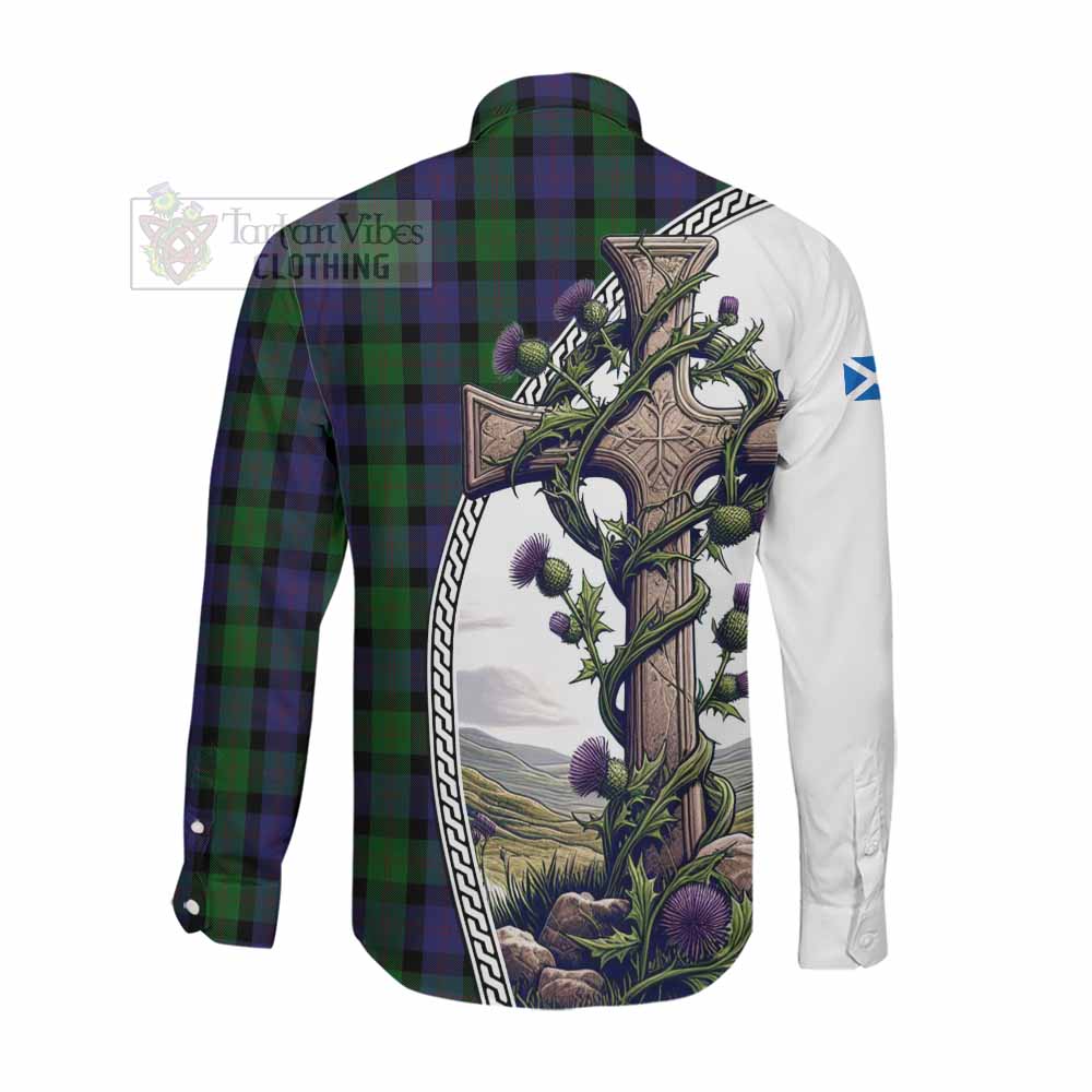 Tartan Vibes Clothing Blair Tartan Long Sleeve Button Shirt with Family Crest and St. Andrew's Cross Accented by Thistle Vines