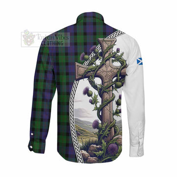 Blair Tartan Long Sleeve Button Shirt with Family Crest and St. Andrew's Cross Accented by Thistle Vines