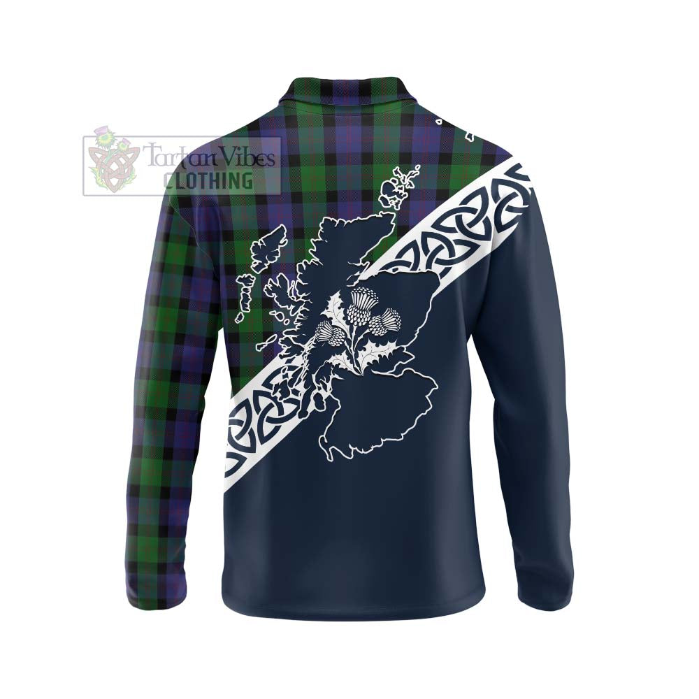 Blair Tartan Long Sleeve Polo Shirt Featuring Thistle and Scotland Map - Tartan Vibes Clothing