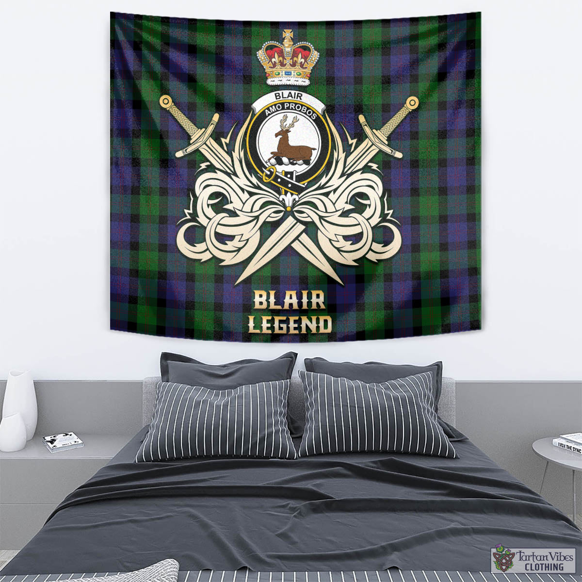 Tartan Vibes Clothing Blair Tartan Tapestry with Clan Crest and the Golden Sword of Courageous Legacy