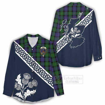 Blair Tartan Women's Casual Shirt Featuring Thistle and Scotland Map