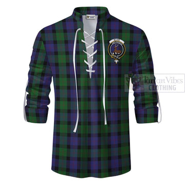 Blair Tartan Ghillie Kilt Shirt with Family Crest and Bearded Skull Holding Bottles of Whiskey