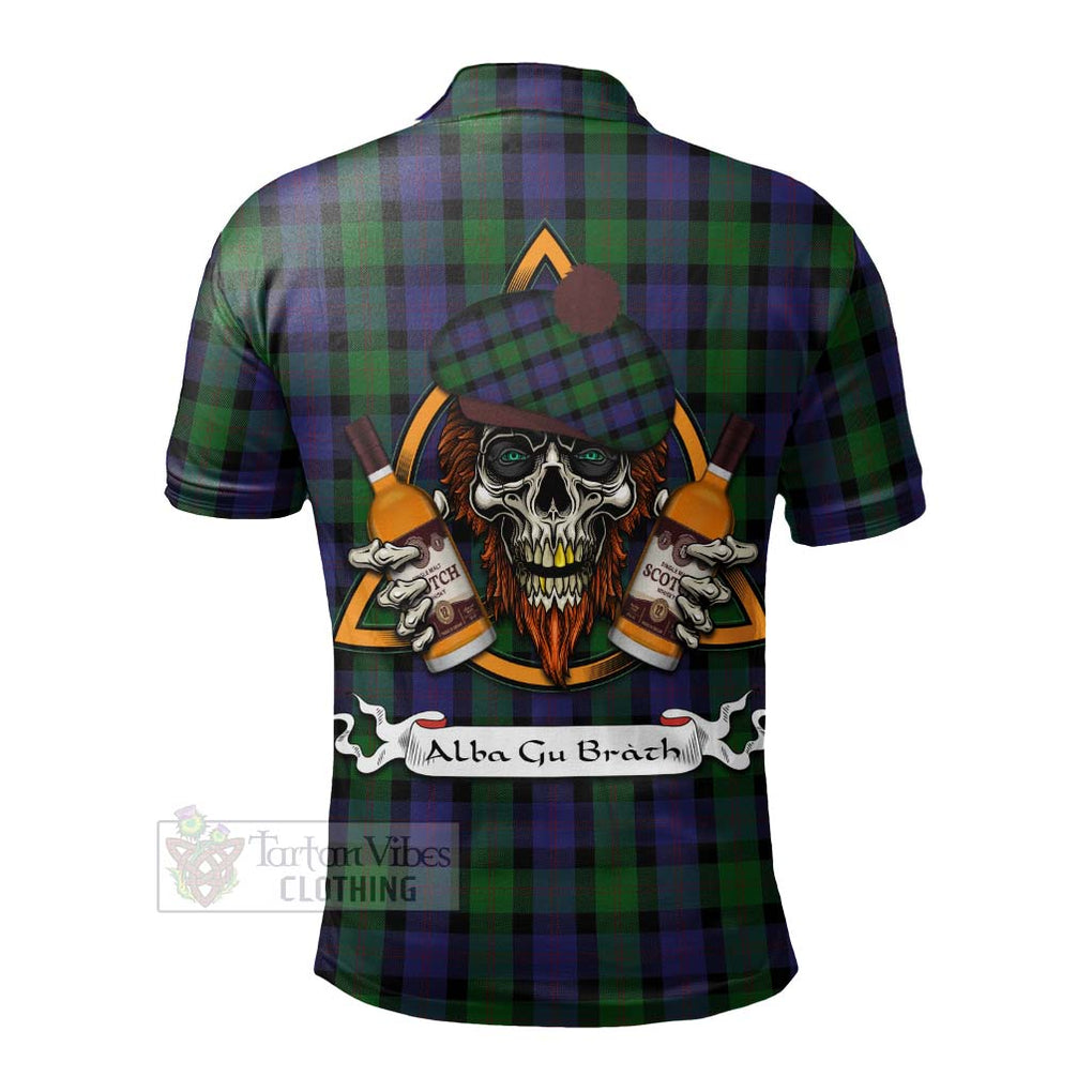 Tartan Vibes Clothing Blair Tartan Polo Shirt with Family Crest and Bearded Skull Holding Bottles of Whiskey