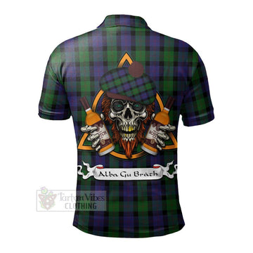 Blair Tartan Polo Shirt with Family Crest and Bearded Skull Holding Bottles of Whiskey