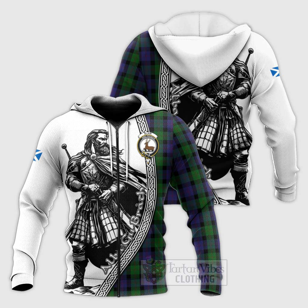 Tartan Vibes Clothing Blair Tartan Clan Crest Knitted Hoodie with Highlander Warrior Celtic Style