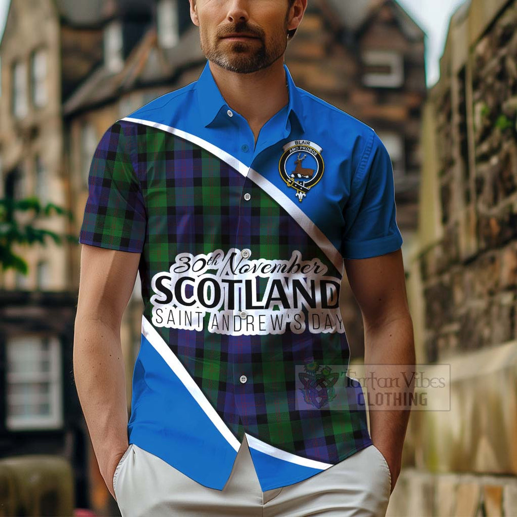 Tartan Vibes Clothing Blair Family Crest Tartan Short Sleeve Button Shirt Celebrate Saint Andrew's Day in Style