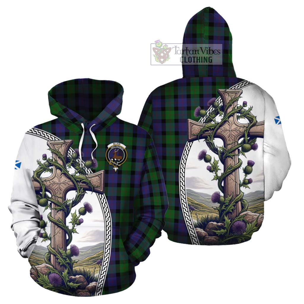 Tartan Vibes Clothing Blair Tartan Cotton Hoodie with Family Crest and St. Andrew's Cross Accented by Thistle Vines