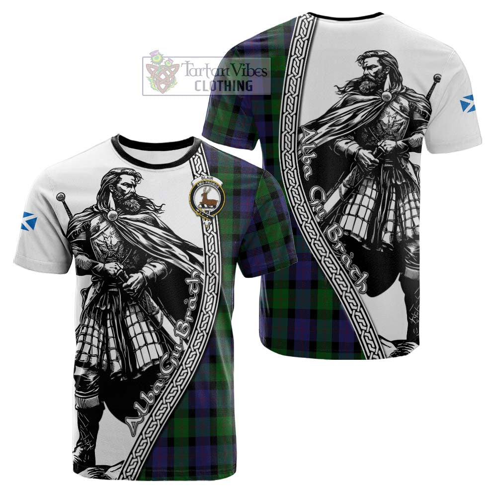 Blair Tartan Clan Crest Cotton T-shirt with Highlander Warrior Celtic Style